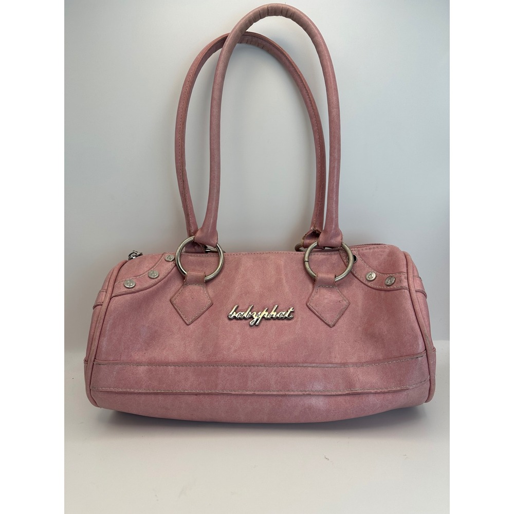 Baby Phat Vintage Y2K Pink Barrel Bag Faux Leather Shoulder Bag Studded Cat Logo